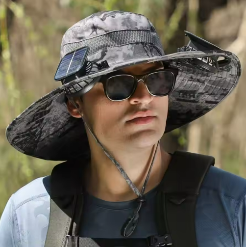 Men's Solar-Powered Cooling Fishing Hat with Fan UV Protection Wide Brim Adjustable Breathable Sun Hat for Outdoor Activities