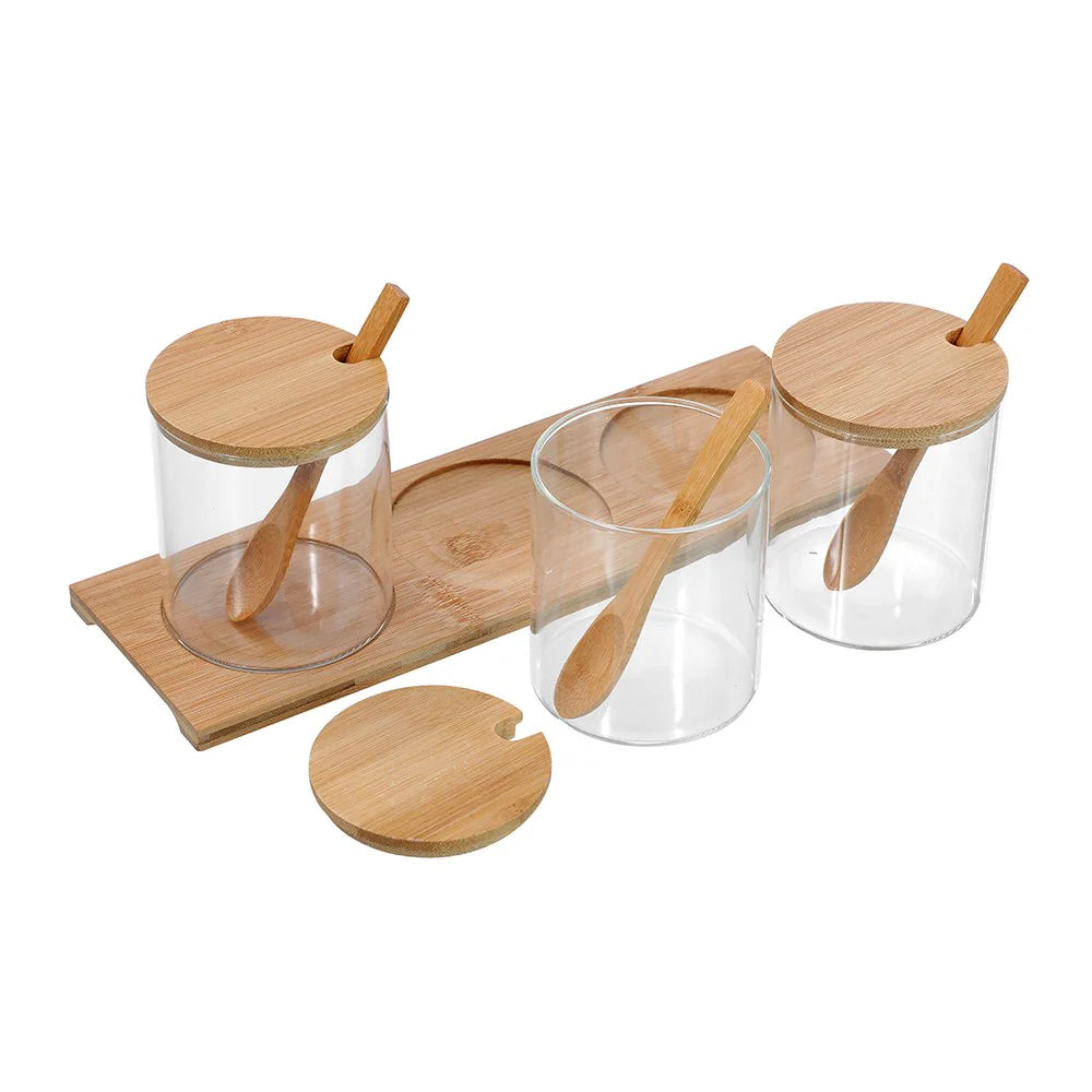 Lemon & Lime 380ML CAMDEN GLASS SPICE JAR 3PC SET BAMBOO TRAY WITH SPOONS